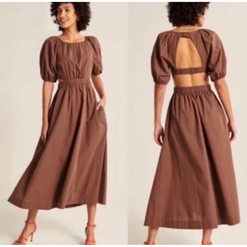 Abercrombie & Fitch Dress Chocolate Brown Puff Sleeve Cutout Back Midi Small